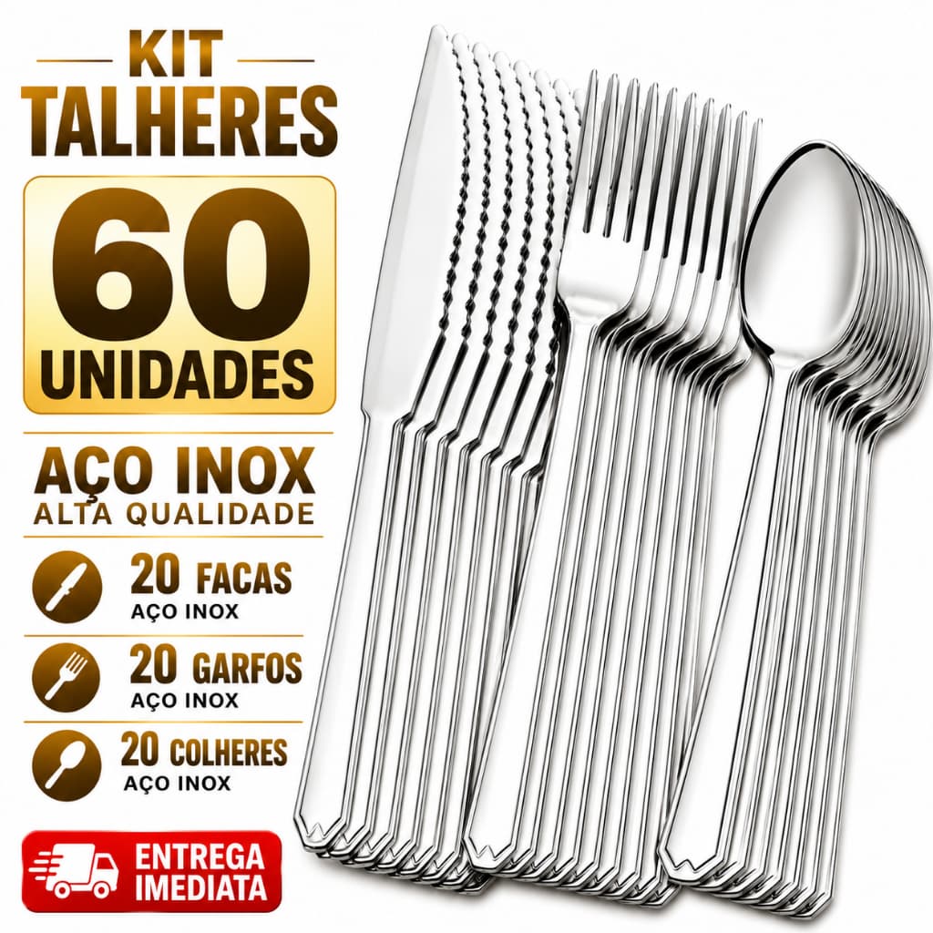 Jogo de Garfo Faca e Colher Prata Inox Cozinha Elegante Não Enferruja Restaurante Buffet Faqueiro Pizzaria