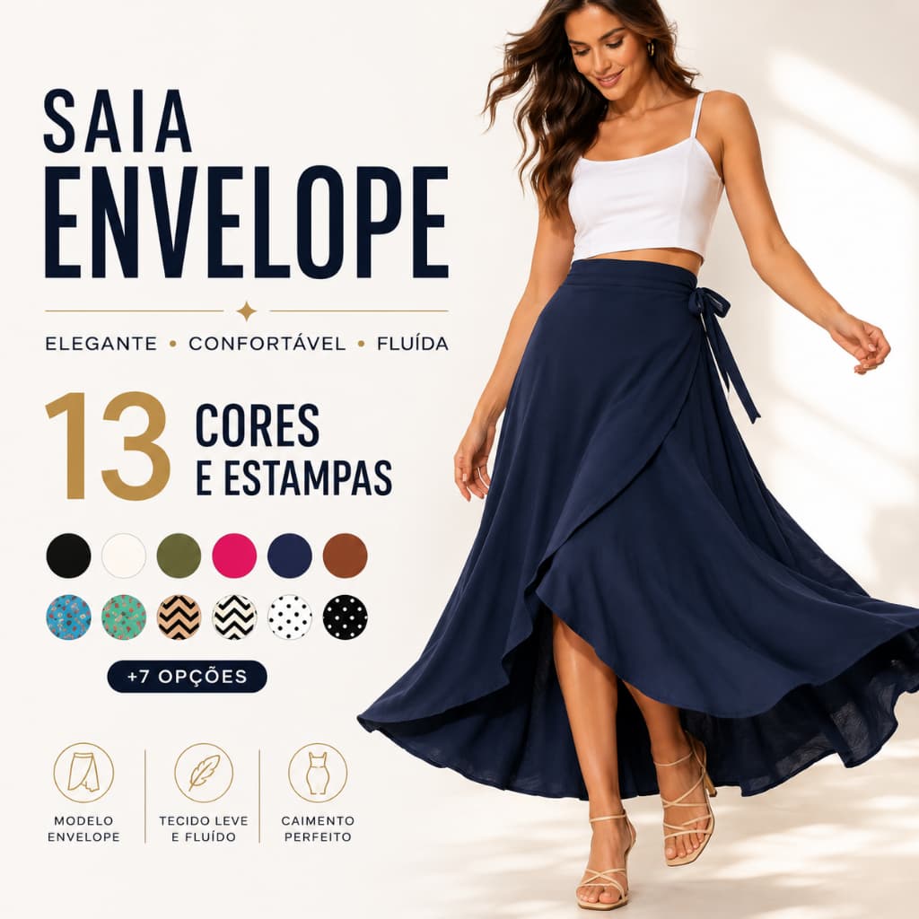 Saia Envelope Midi Feminina Transpassada Cintura Alta Estampada Lisa Casual Elegante