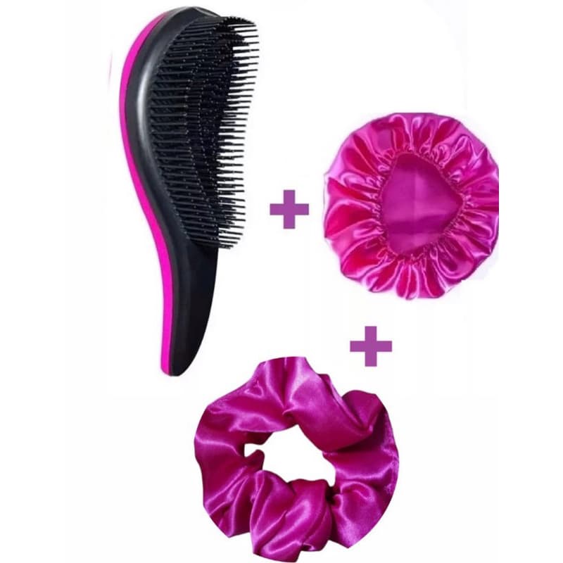 Kit Cabelo Arrumadinho Touca de Cetim + Escova Mágica + Xuxa de Cetim Anti Frizz