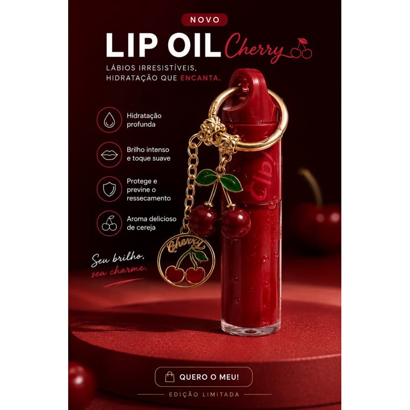 Gloss Labial Cereja com Chaveiro Hidratante Brilho Labial Portátil Pingente de Cereja para Chaves