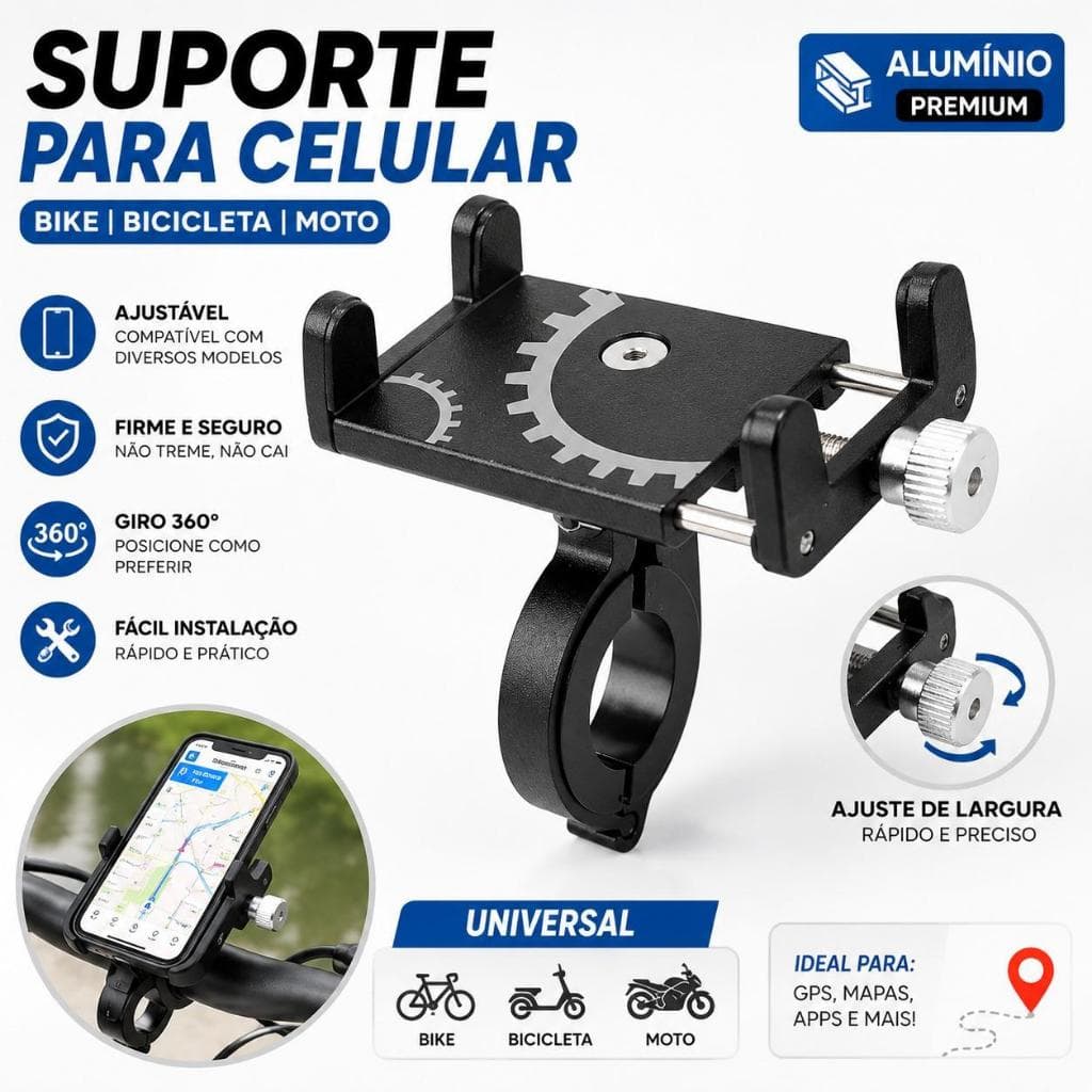 Suporte para Celular GPS Bike Bicicleta Moto Alumínio Universal Ajustável.