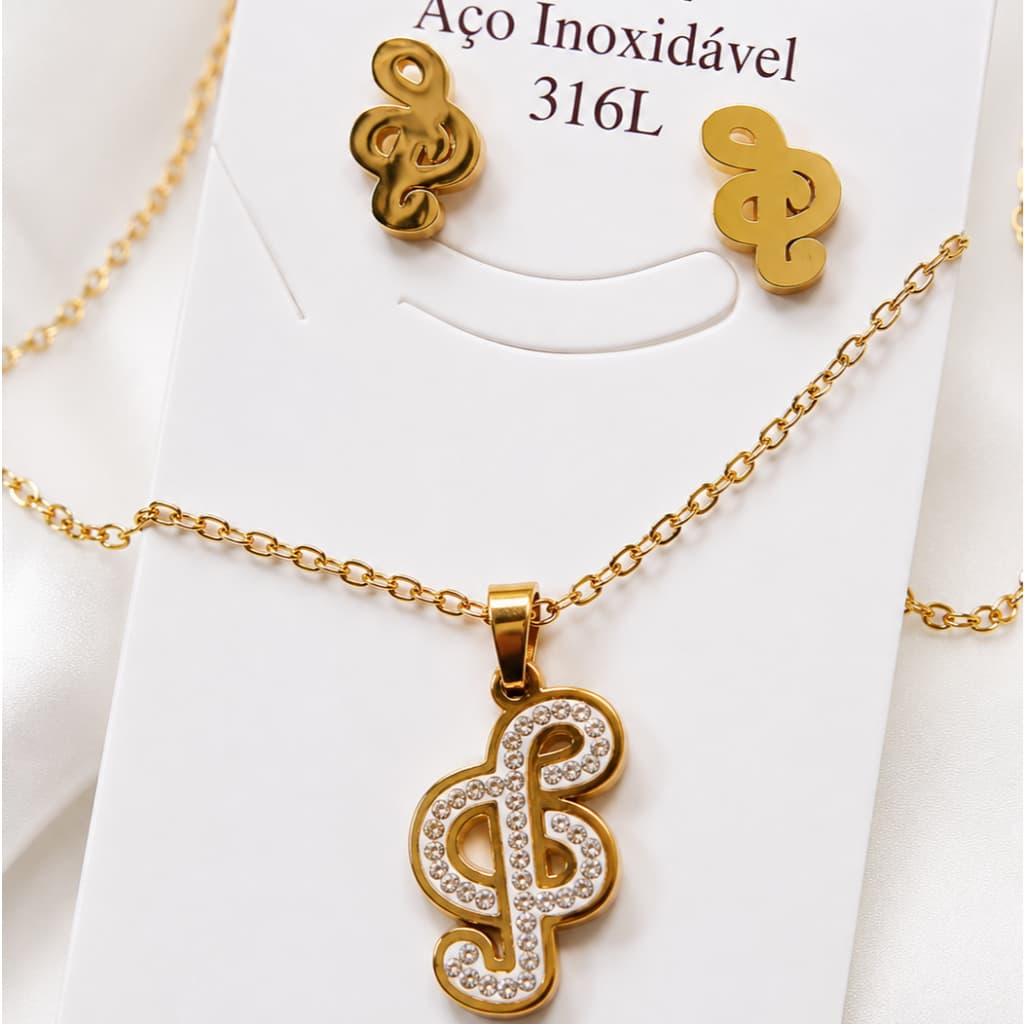 Conjunto Colar com Pingente Modelo letra de musica e Brincos em Aço Inoxidável | Bonita Sempre Make&Bijus