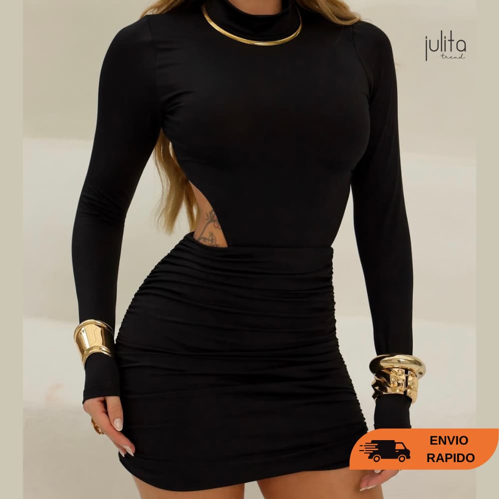 Vestido Feminino Preto Manga Longa Tubinho Gola Alta Suplex  Curto  Blogueira Festas Balada Inverno e Verão Moda Gringa