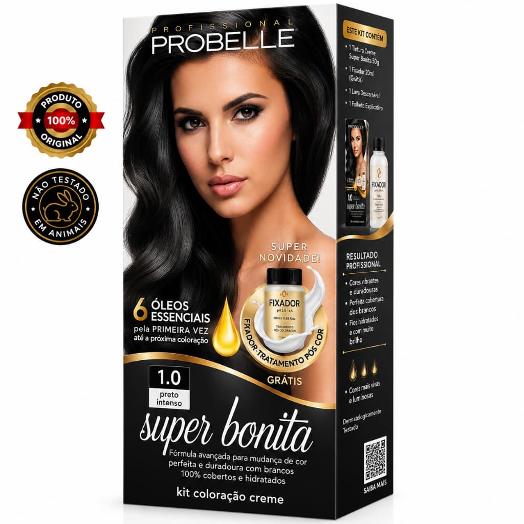 Tintura Probelle Super Bonita Kit Coloração Creme 6 Óleos Essenciais Cobertura dos Brancos + Fixador Grátis