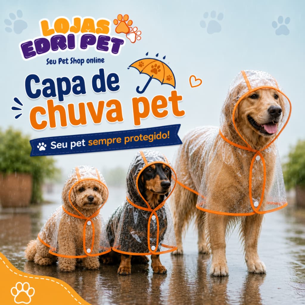 Capa de Chuva Pet Impermeável Transparente com Borda Laranja Neon refletivo