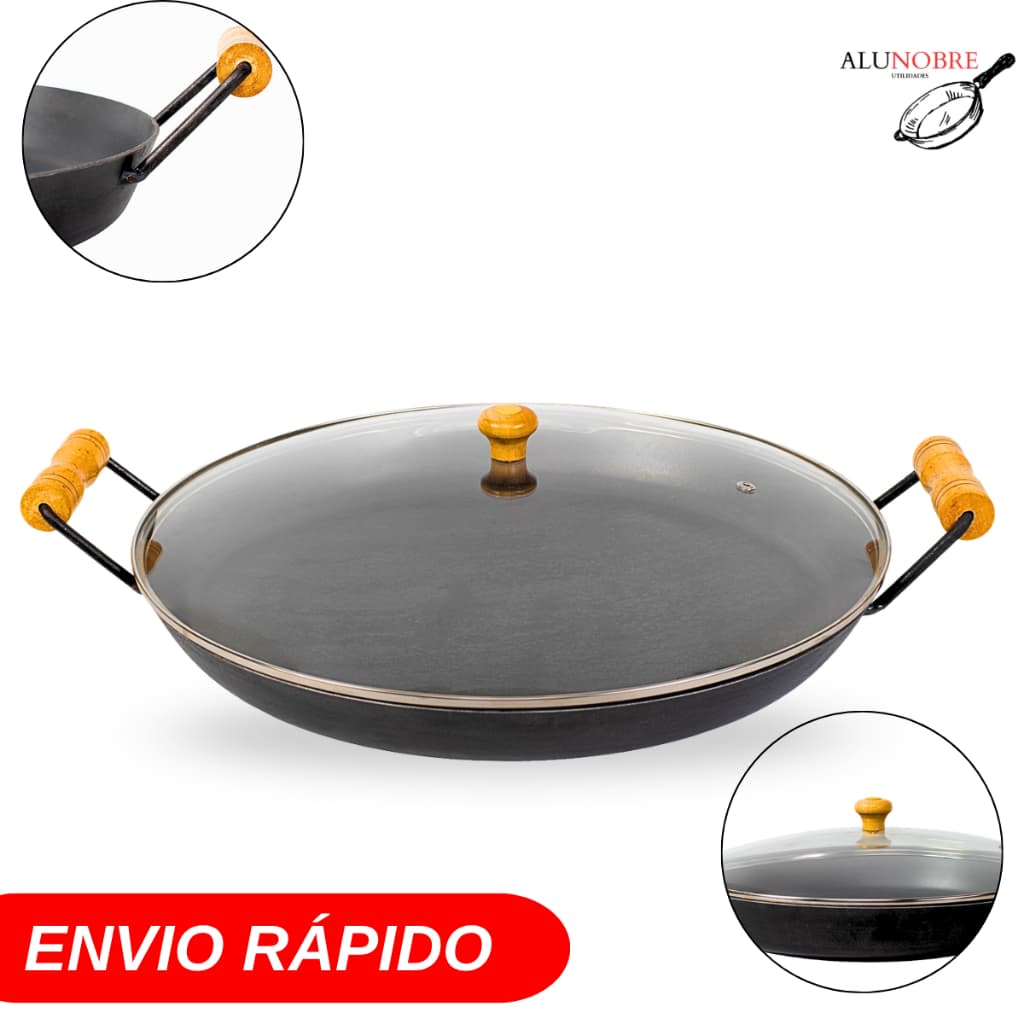 Chapa Arado Ferro 42 cm Aço Borda Alta Com Tampa de Vidro