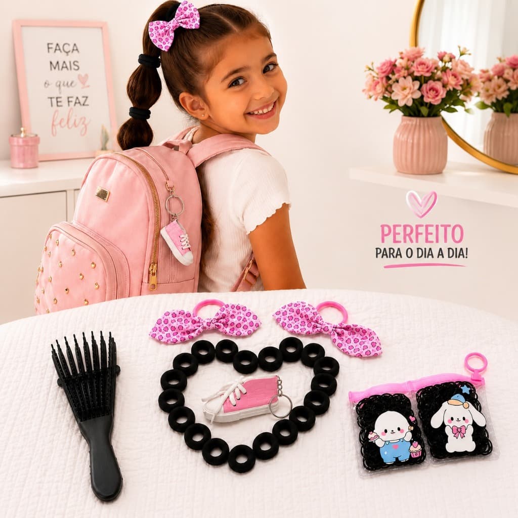 Kit Encanto Premium Infantil | Escova Polvo + Xuxinhas + Laços + Elásticos + Chaveiro