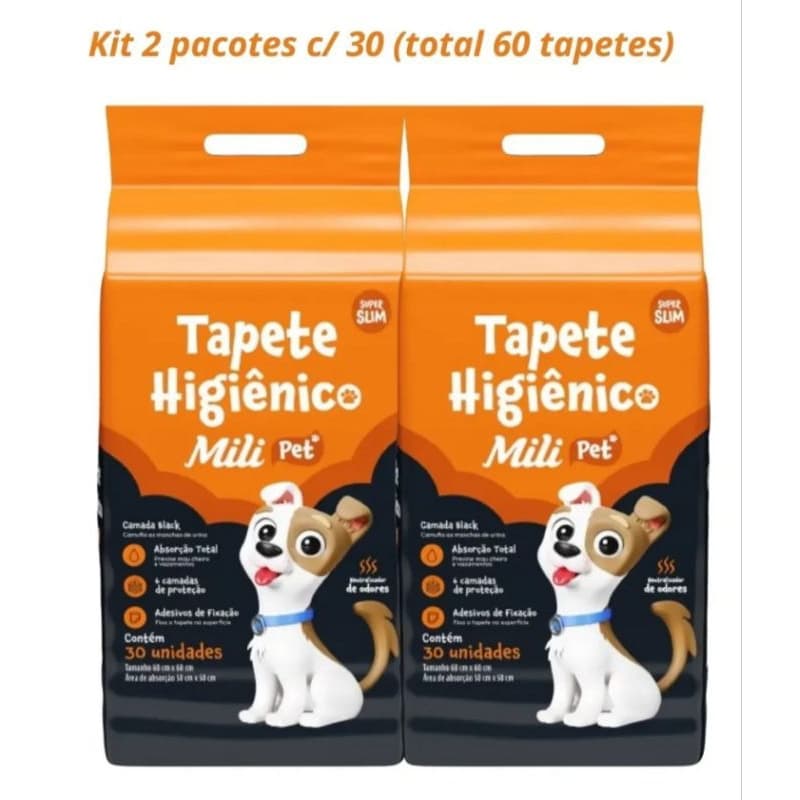 Kit 2 Tapetes Higiênicos Mili Pet Super Slim 30 Unidades Cada 60 Tapetes 60x60cm Alta Absorção Original