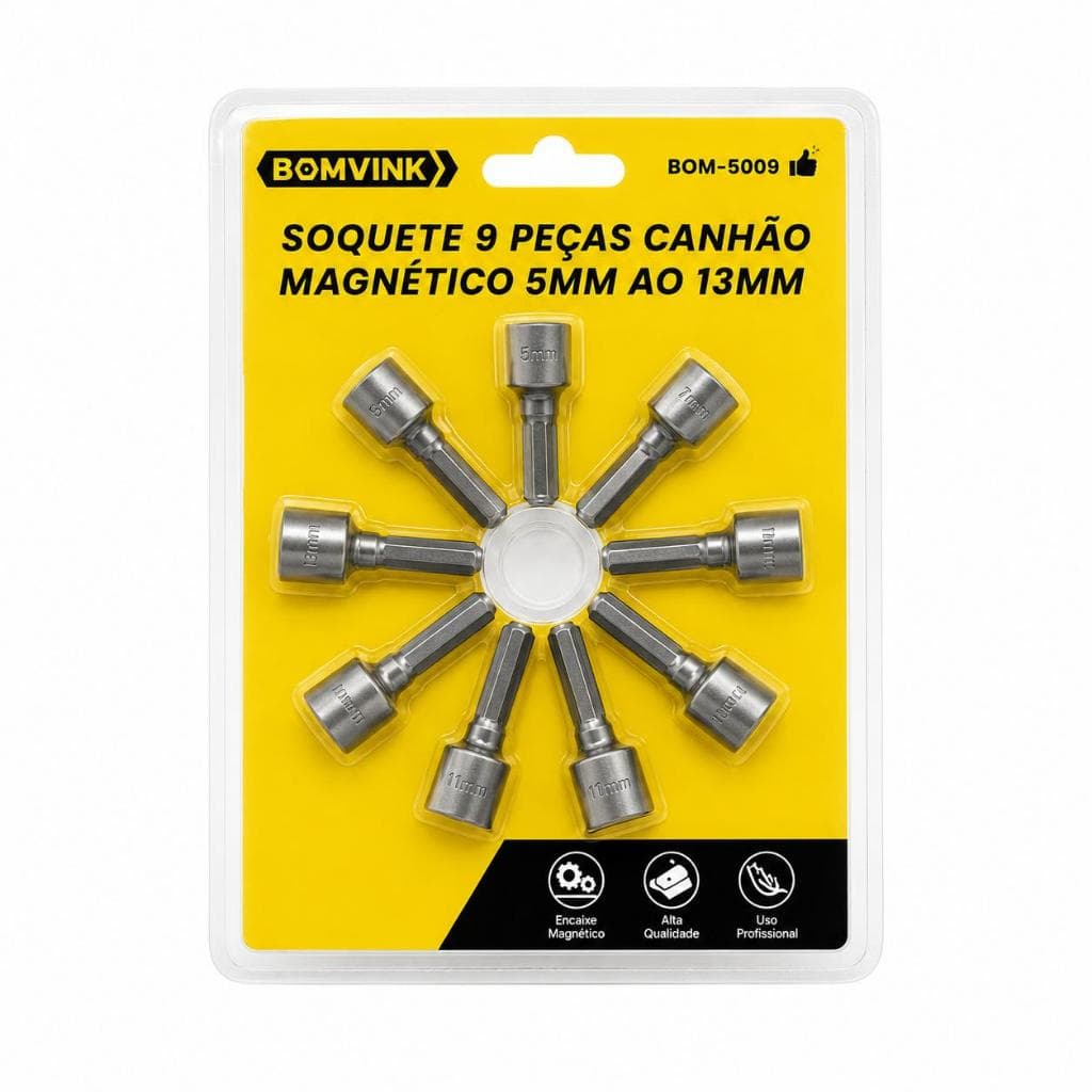 Kit Soquete Canhão Magnético 9 Peças 5mm a 13mm Bomvink BOM5009 Encaixe Sextavado para Parafusadeira e Furadeira