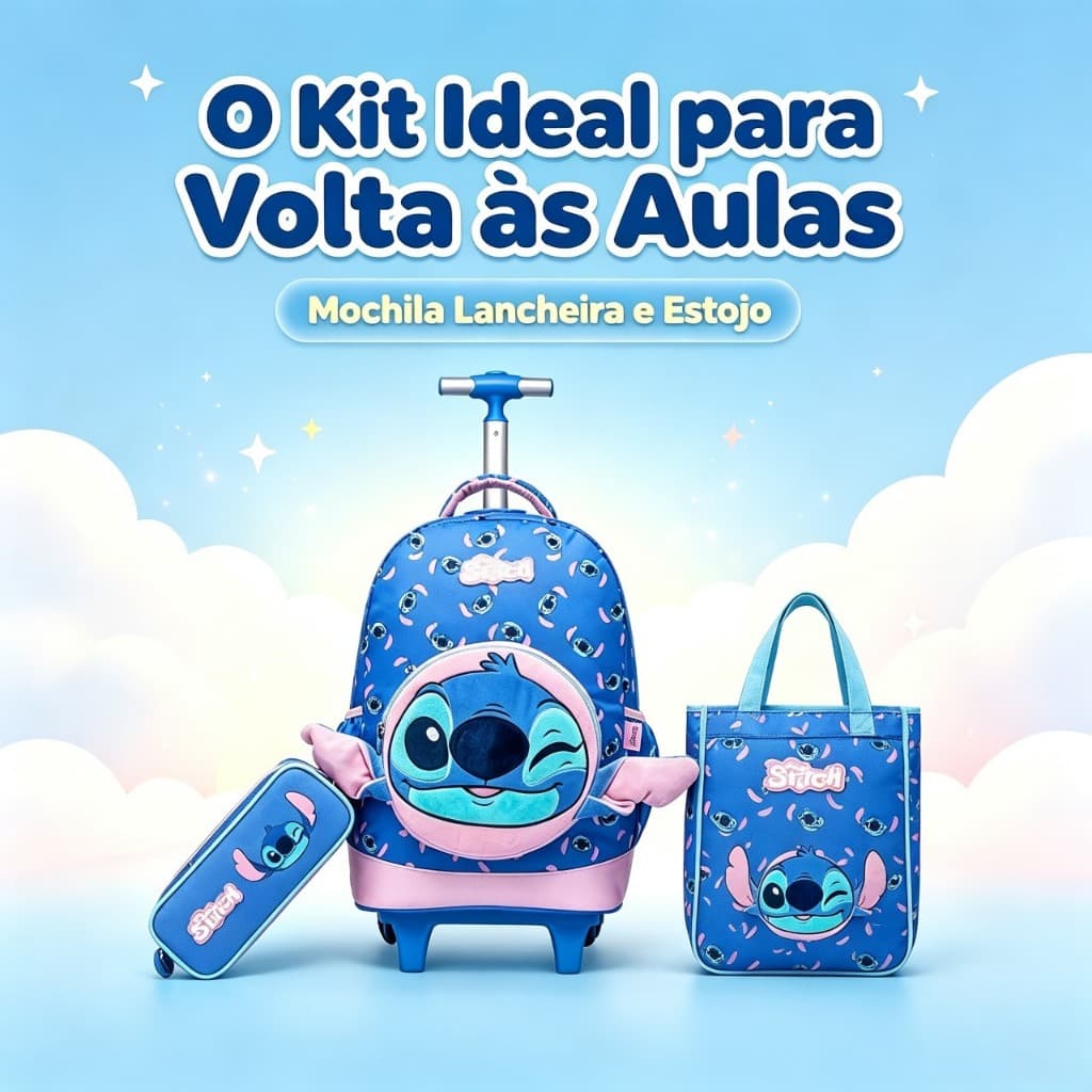 Kit Mochila de Rodinhas Stitch Disney Infantil Escolar com Lancheira e Estojo