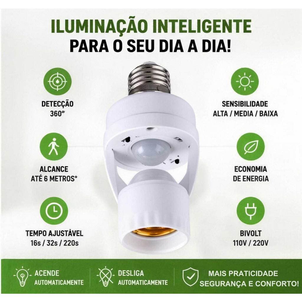 Cabeça de Luz Conversora com Sensor Infravermelho Humano Inteligente | Rosca Ajustável, Luz Acende ao Detectar Pessoa
