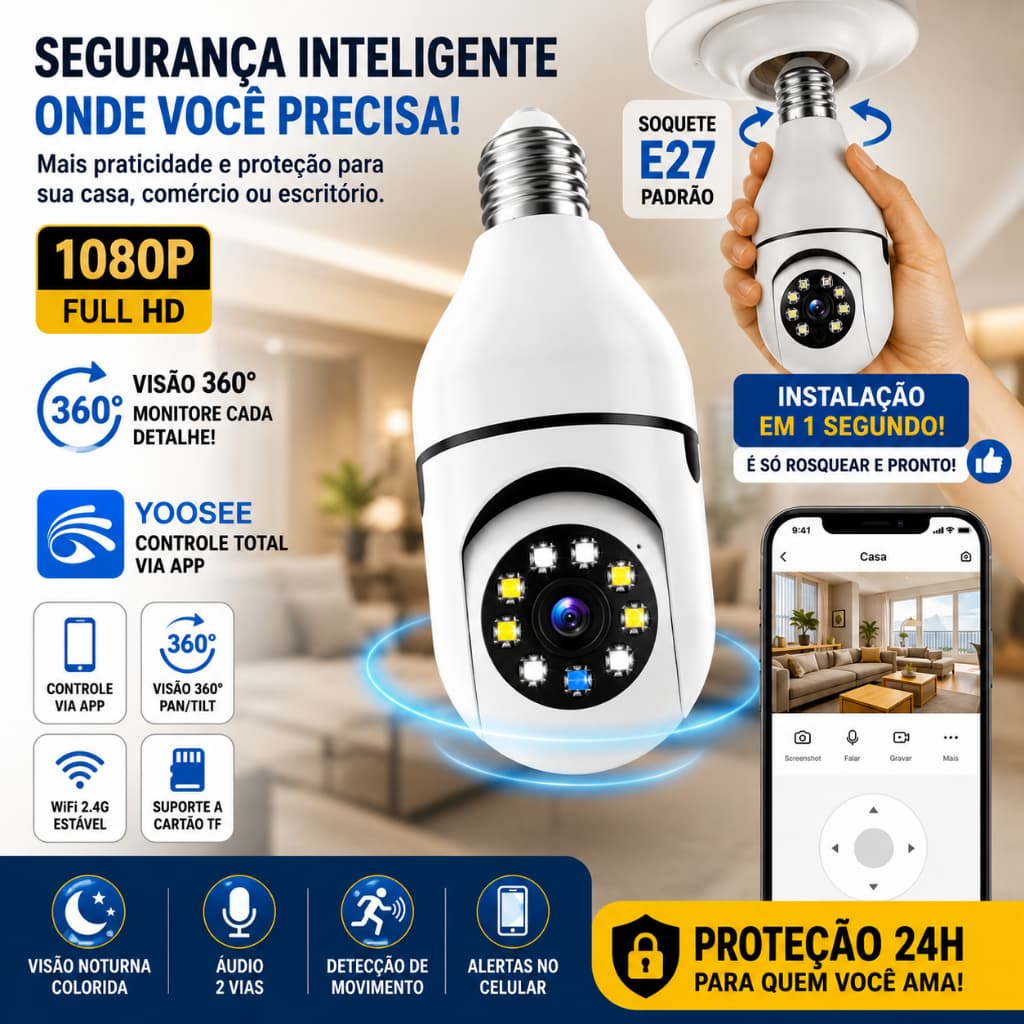 Câmera Lâmpada Wifi Yoosee IP Giratória 360°, Câmera de Segurança Interna, Visão Noturna, Soquete E27 Full HD 1080P