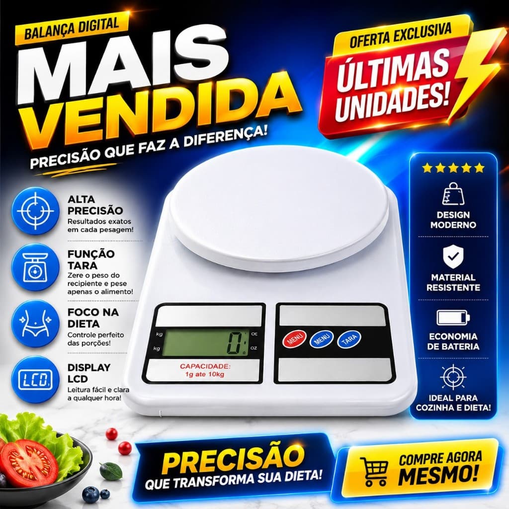 Balança Digital Cozinha Inox 10kg Precisão 1g Função Tara LCD Alimentos Dieta