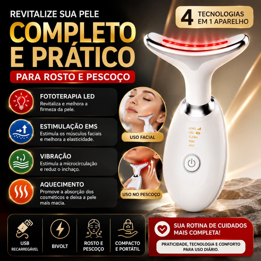 Massageador Facial EMS LED Com Aquecimento Vibração Fototerapia Lifting Rosto Pescoço USB Bivolt