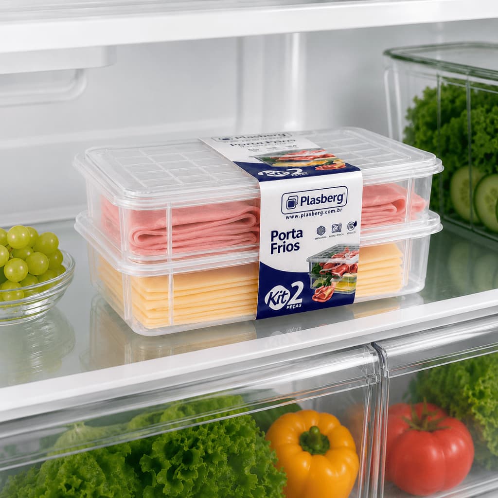 Porta Frios Duplo Plasberg 2 x 520 ml com Tampa para Queijo e Presunto
