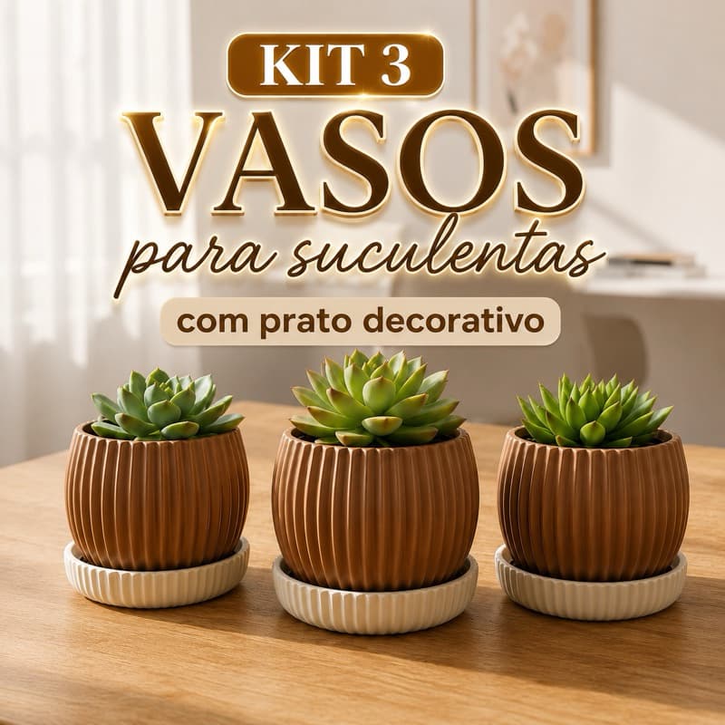 kit 3 Vasos de Suculenta Com Prato Decorativo para Plantas Naturais Moderno Pequeno Minimalista