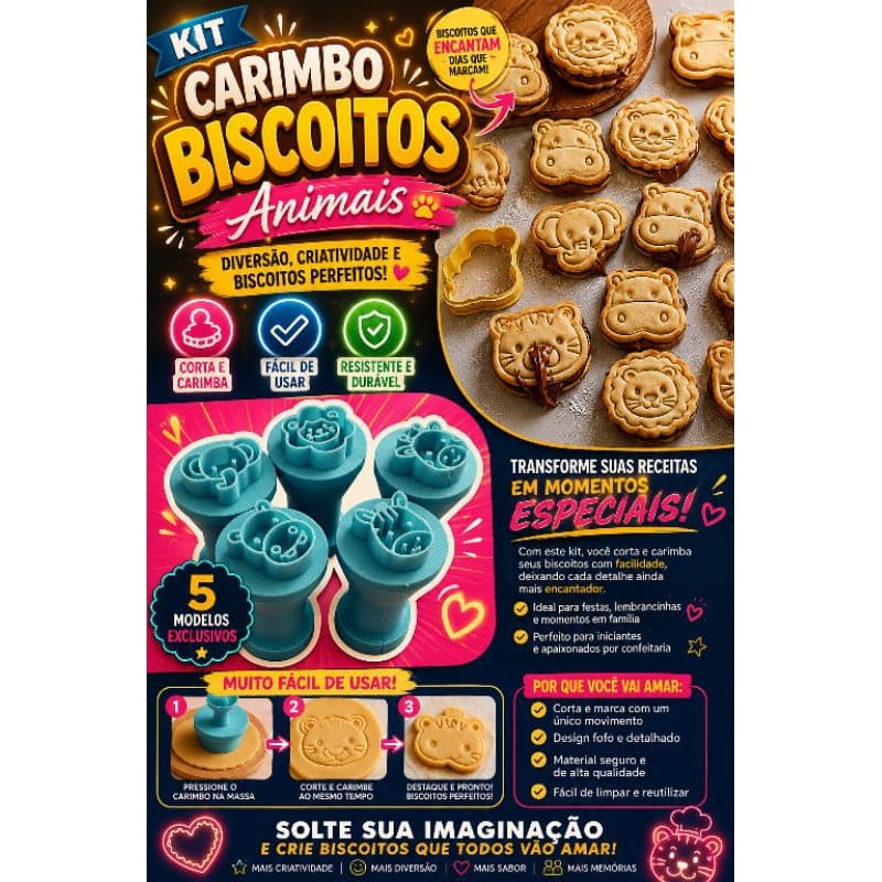 Kit 9  Cortadores e Carimbos para Biscoitos Animais – 9 Modelos | Impressão 3D | Fácil de Usar