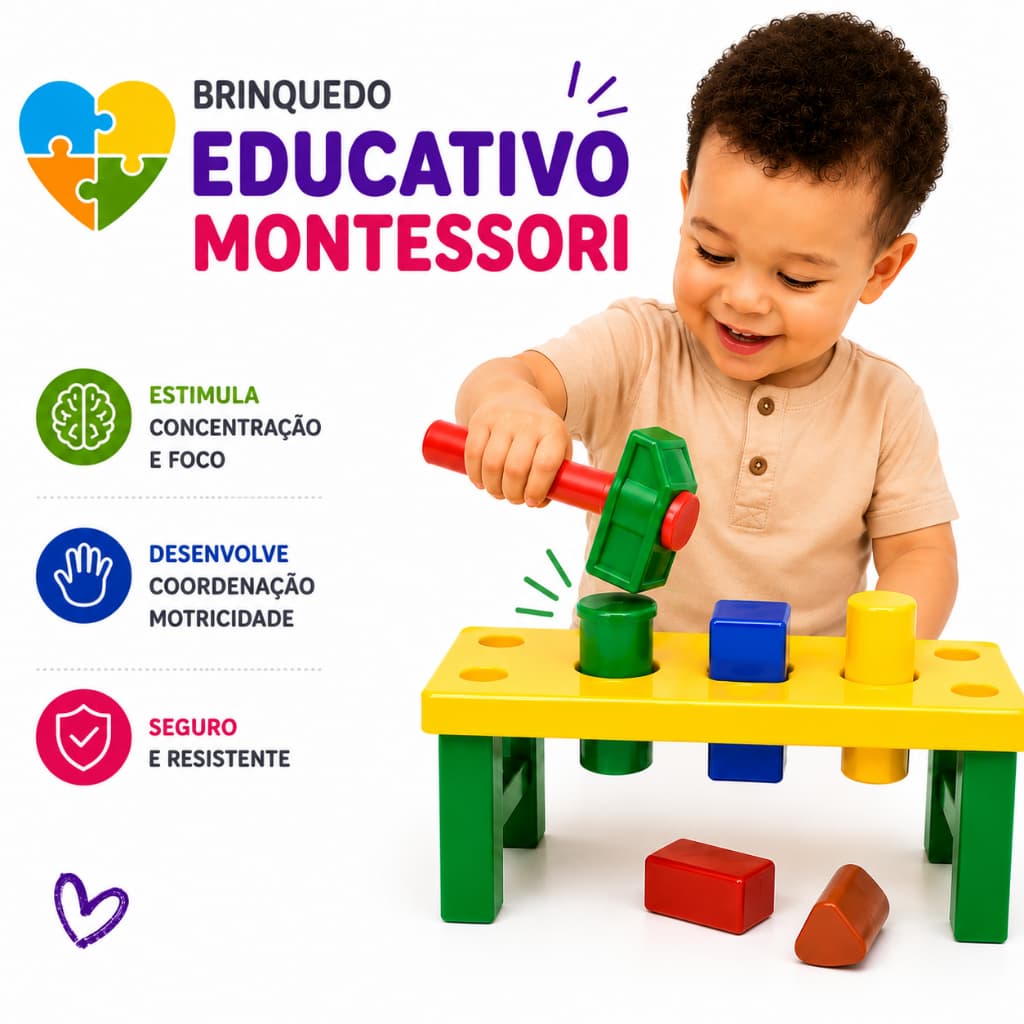 Brinquedo Educativo Infantil Martelinho de Encaixe Montessori Coordenação Motora Bancadinha Sensorial
