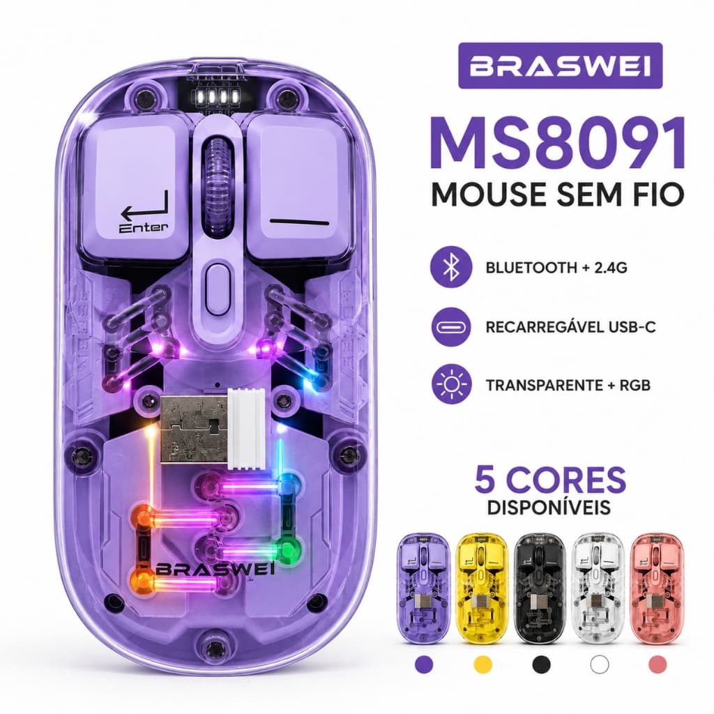 Mouse Sem Fio Transparente RGB Bluetooth 2.4G USB-C Recarregável Silencioso 2400 DPI Indicador de Bateria BRASWEI MS8091