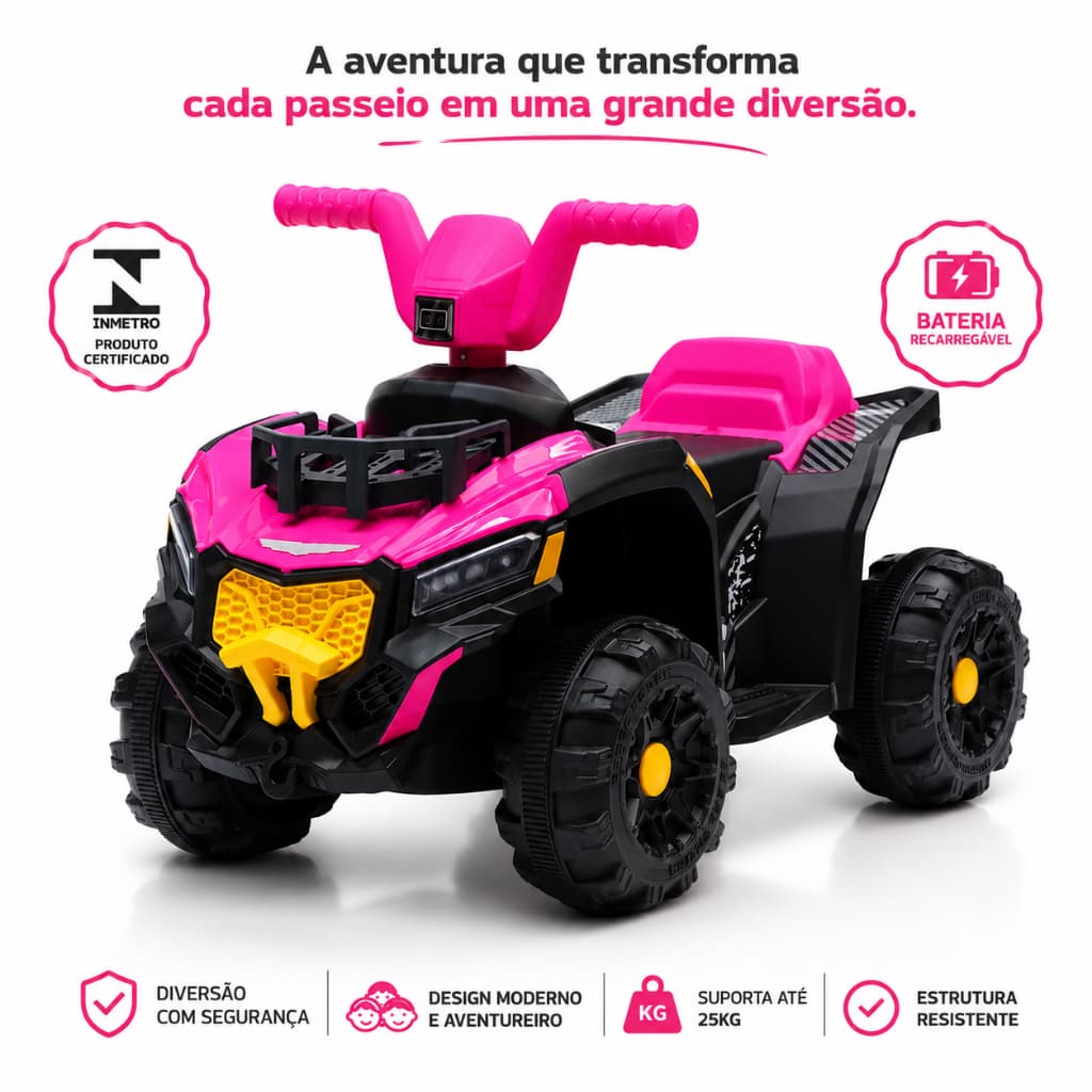 Quadriciclo Motor Elétrico Bateria Recarregável 6V Infantil Adventure Rosa Até 25kg