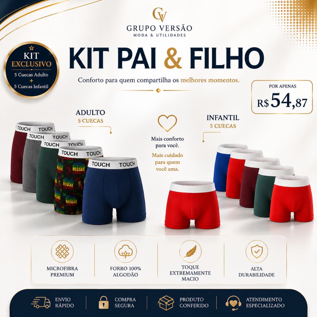 Kit Pai e Filho 10 Cuecas Boxer 5 Adulto + 5 Infantil Microfibra Premium Forro 100% Algodão Presente Masculino
