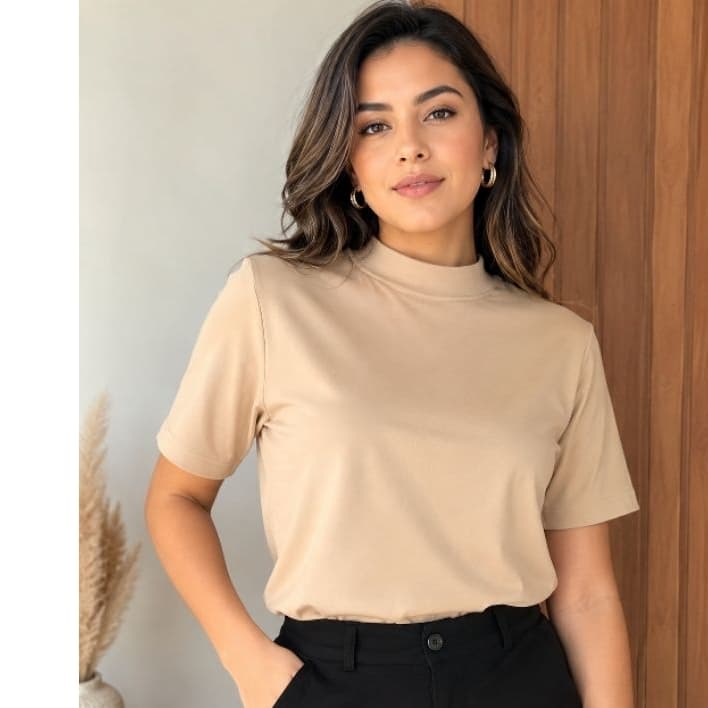 t-shirt Feminina gola alta algodão elegante.