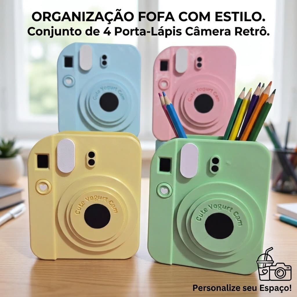 Porta Caneta Câmera Retrô Organizador de Mesa Criativo e Decorativo