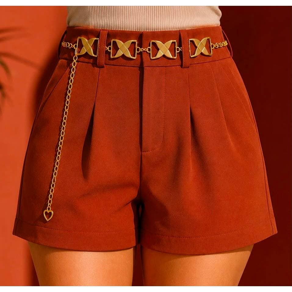 Short Alfaiataria Feminino com Cinto Corrente Cintura Alta