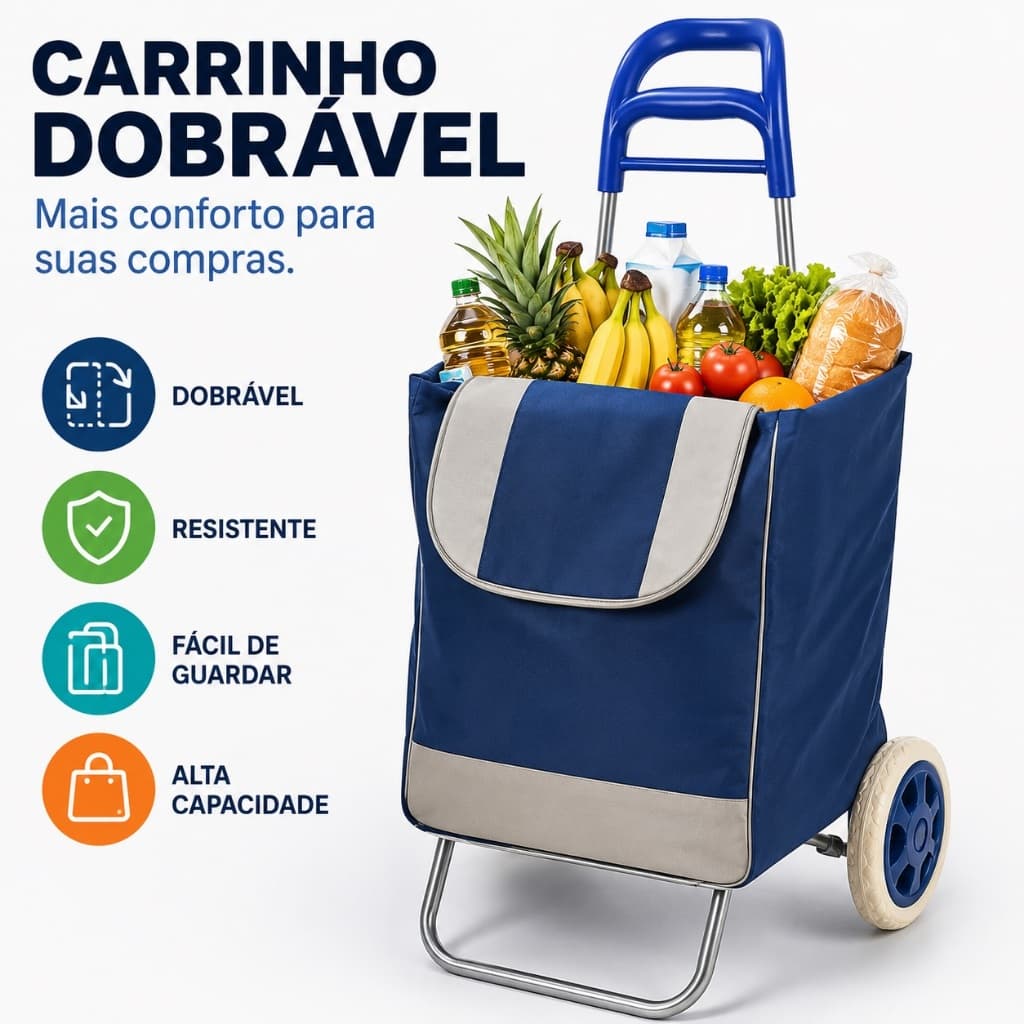 Carrinho de Feira Dobrável com Bolsa Grande Reforçado 2 Rodas para Supermercado Compras - SORTIDO