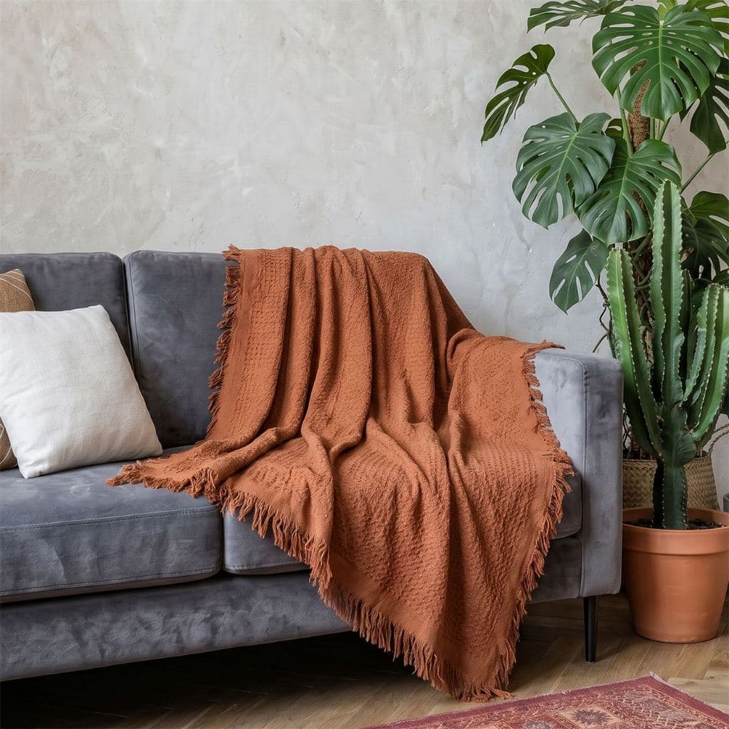 Manta Sofá Decorativa Moderna Basica Algodão com Franja Estilo Bo ho Sofa, Cama, Poltrona em Acabamento Artesanal