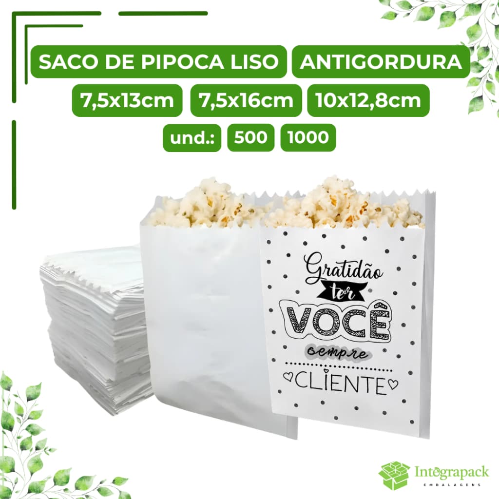 Saco de Pipoca Liso Simples Antigordura Festa Cinema Delivery Amanteigada Aniversário Doces Salgados