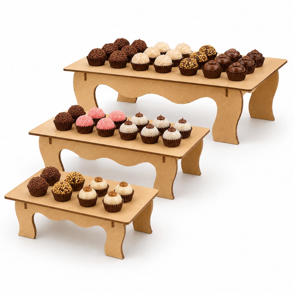 Kit Bandejas MDF Mesa Provençal Festa Aniversário Suporte para Doces e Bolo 3 Andares