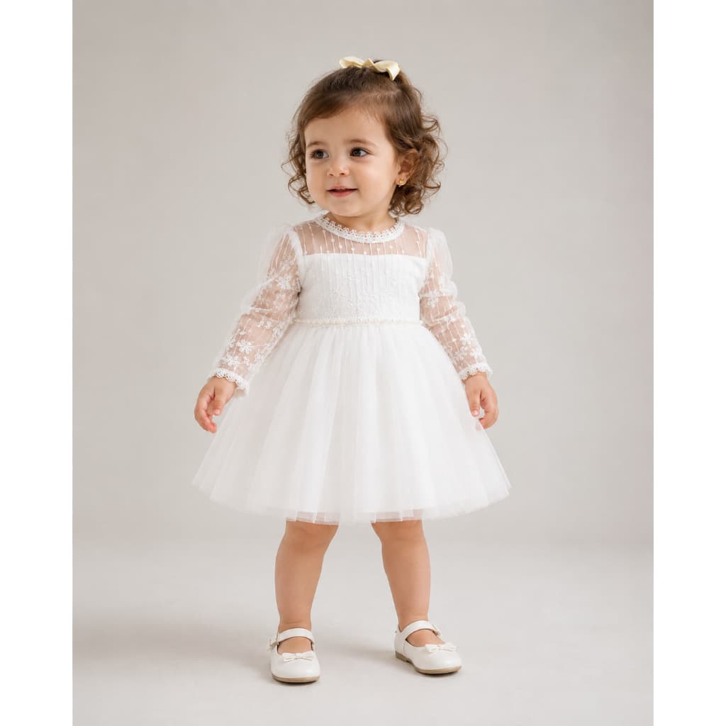 Vestido Branco Infantil Festa Batizado Batismo Casamento Daminha Manga Longa Com pérolas Bebê, vestido chique, festa
