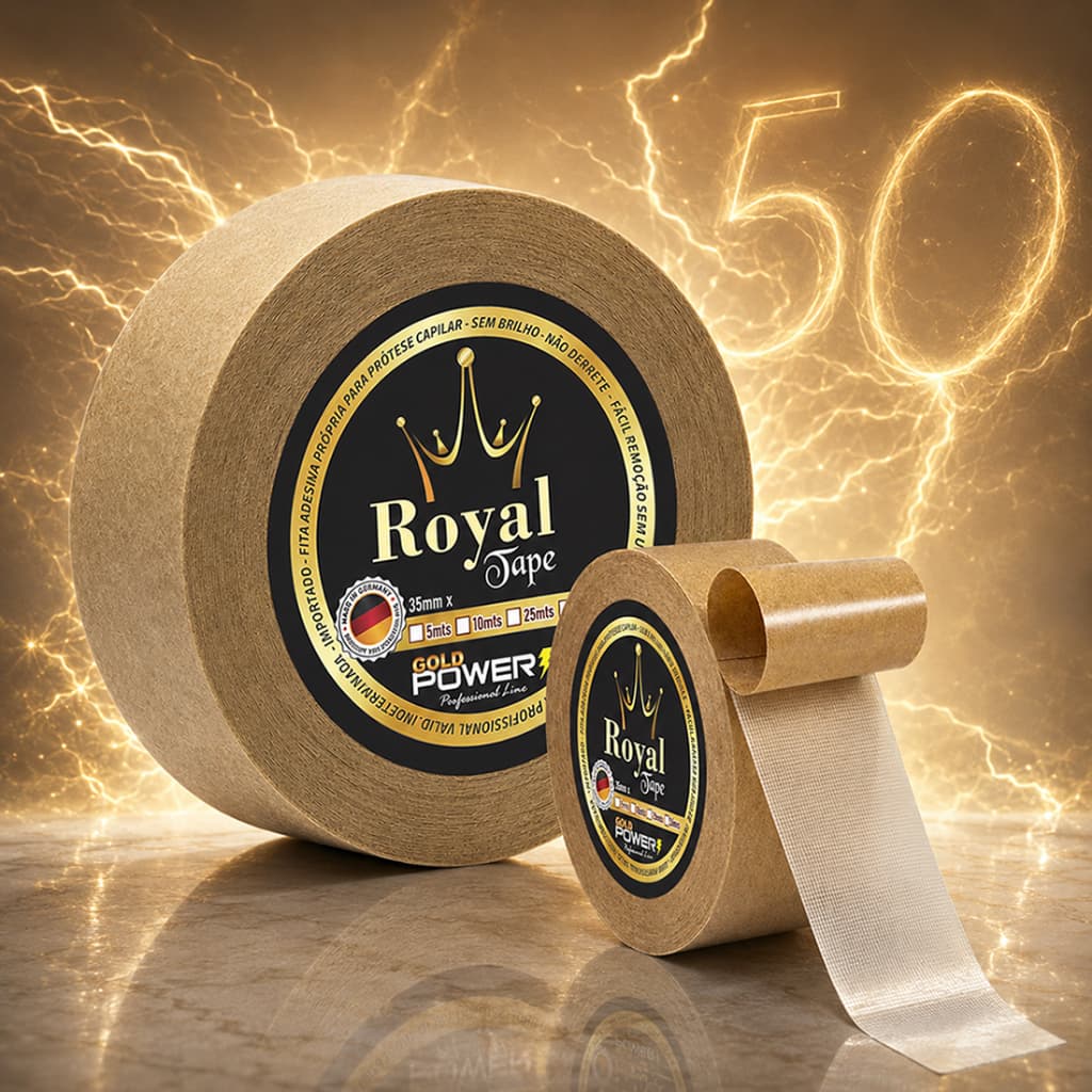Fita Profissional Royal Tape G Power 50m Dupla Face Protese Capilar Adesiva Peruca Cola Original Ultra Gold Alta Fixaçao
