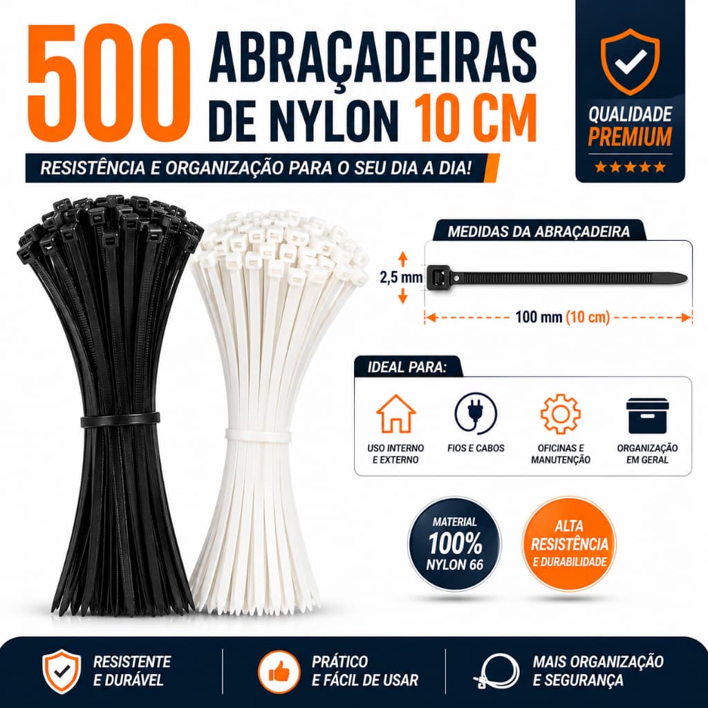 Kit 500 Abraçadeiras de Nylon 10cm Brancas Enforca Gato para Cabos Fios Organização Fixação Uso Geral Reforçada e Fortes