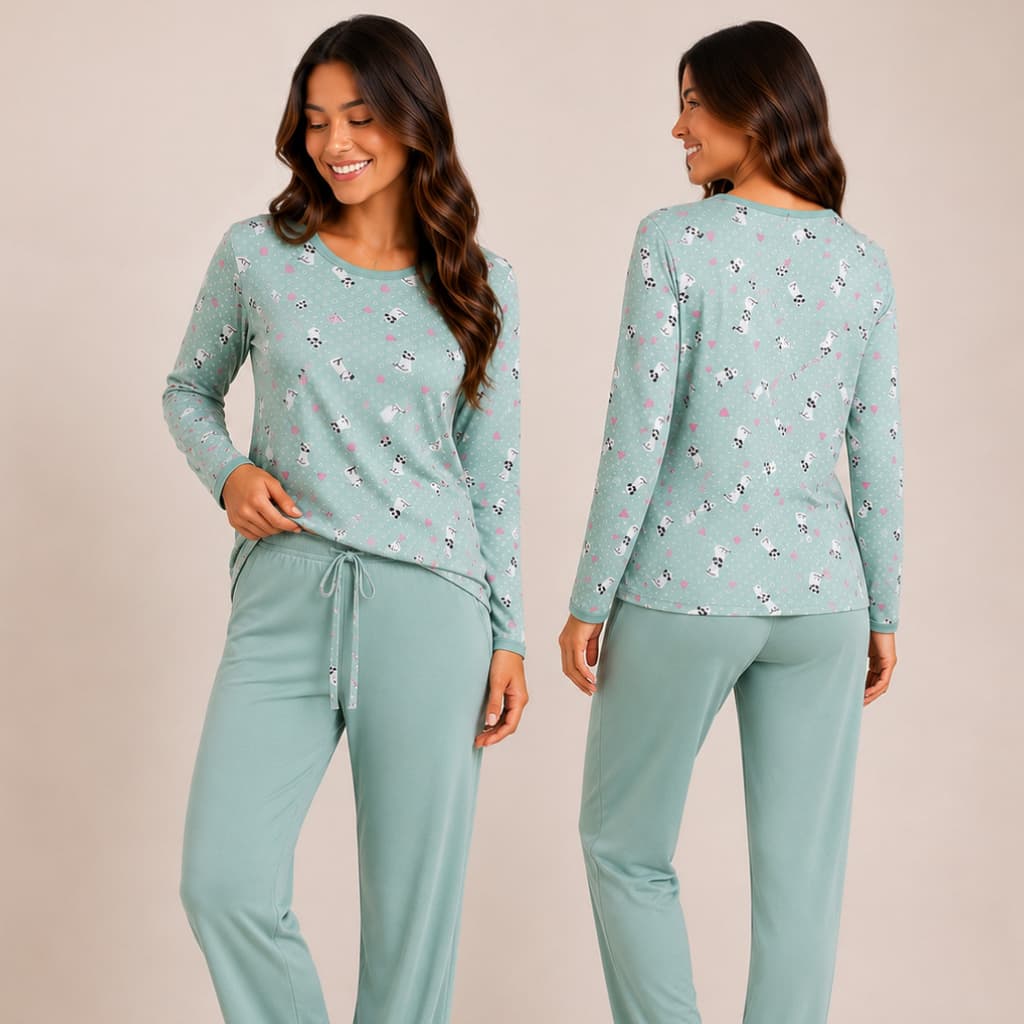 Pijama Feminino Longo Suede Adulto Inverno Manga e Calça Comprida Conforto e Qualidade