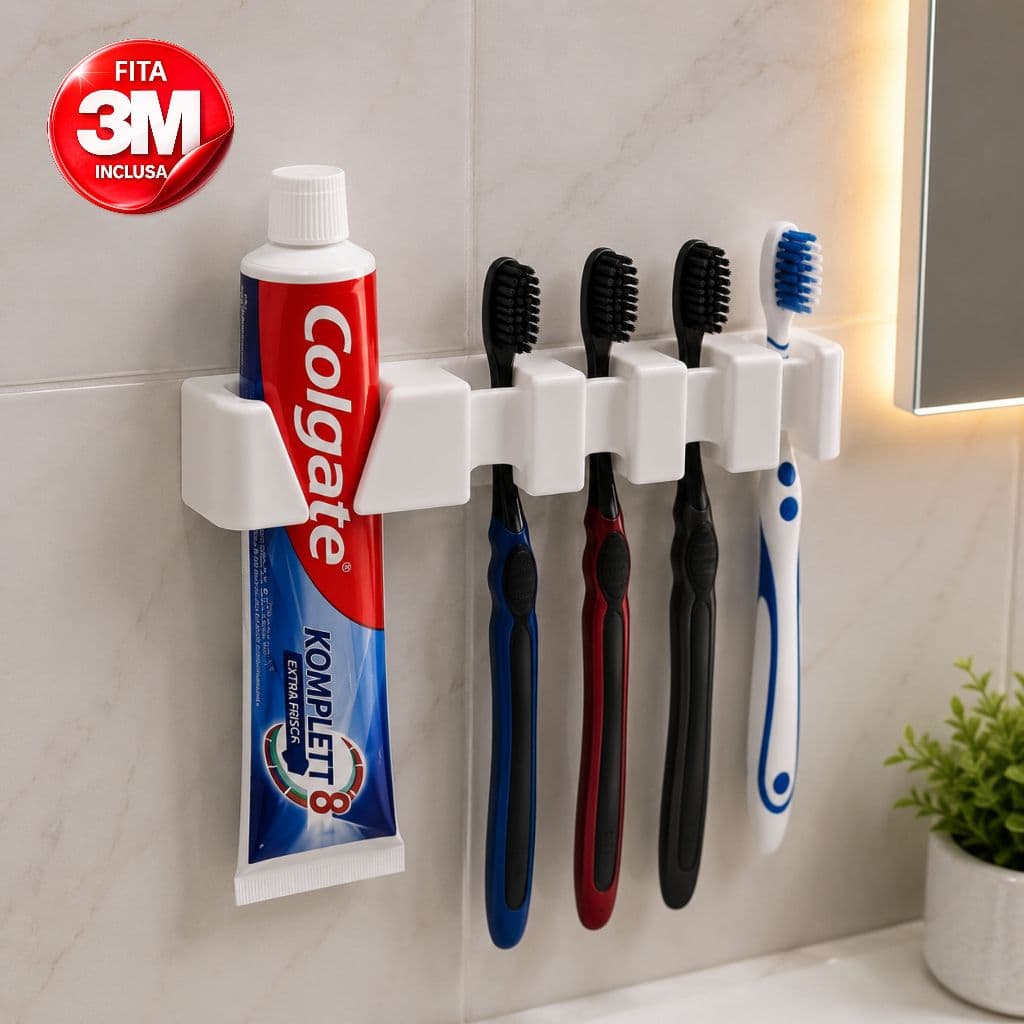 Suporte Porta Escovas de Dente e Creme Dental 5 em 1 Organizador de Banheiro Adesivo Sem Furar Parede Com Fixação 3M