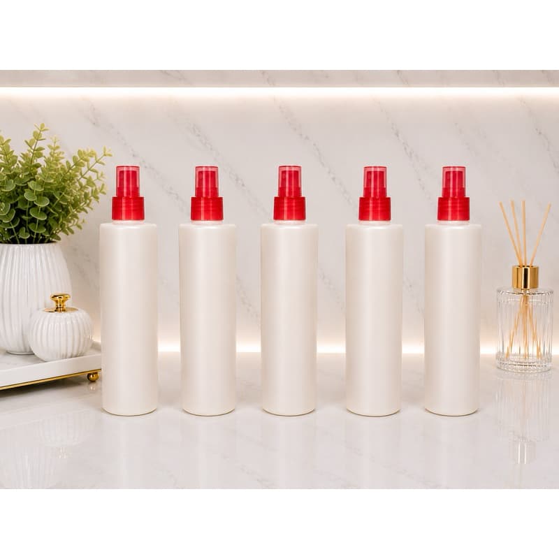 Kit 5 Frascos Branco Perolado 300ml c Válvula Spray Vermelha - agua Micelar, Shampoo, Sab. Liquido, hidratante
