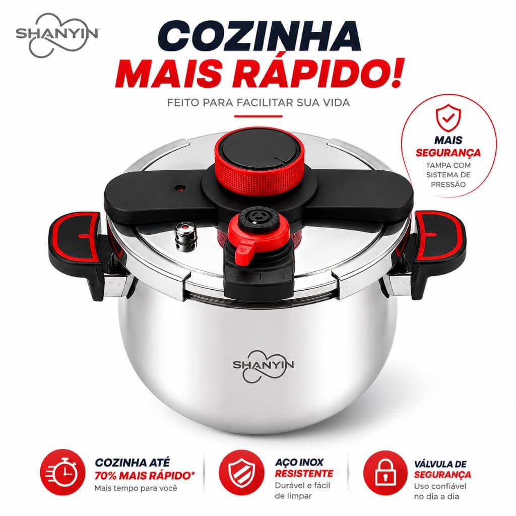 Panela de Pressão 7 Litros 100kpa em Aço Inox com Fechamento Externo Grande Capacidade e Sistema de Segurança