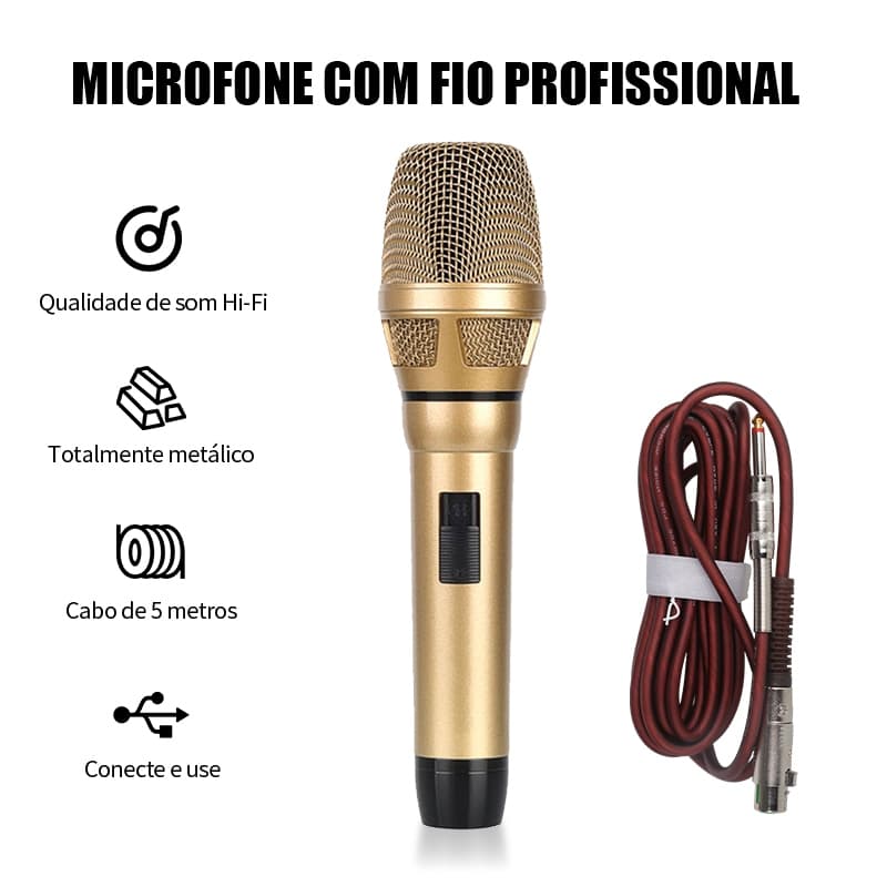 Microfone Dinâmico Profissional RAYHAYES RD-3 com Fio Dourado Corpo de Metal Cabo 5m XLR para Karaokê