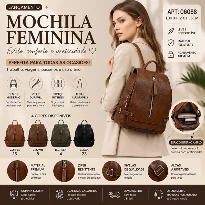 Mochila Feminina de Couro Sintético Grande Impermeável com Alças Ajustáveis – Elegante para Trabalho, Faculdade  06088