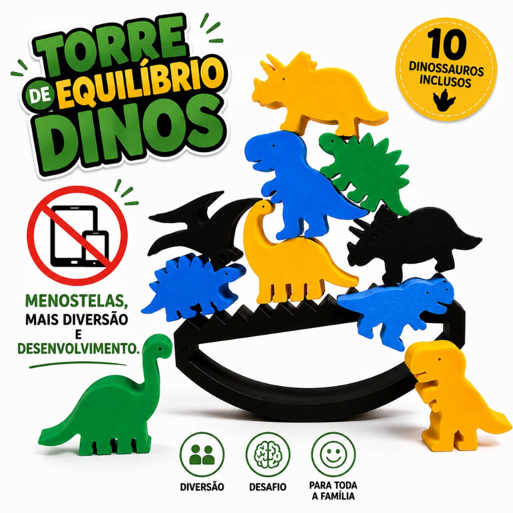 Torre de Equilíbrio Dinossauros | Jogo Educativo Infantil Montessori | 10 dinossauros | Brinquedo Sem Telas