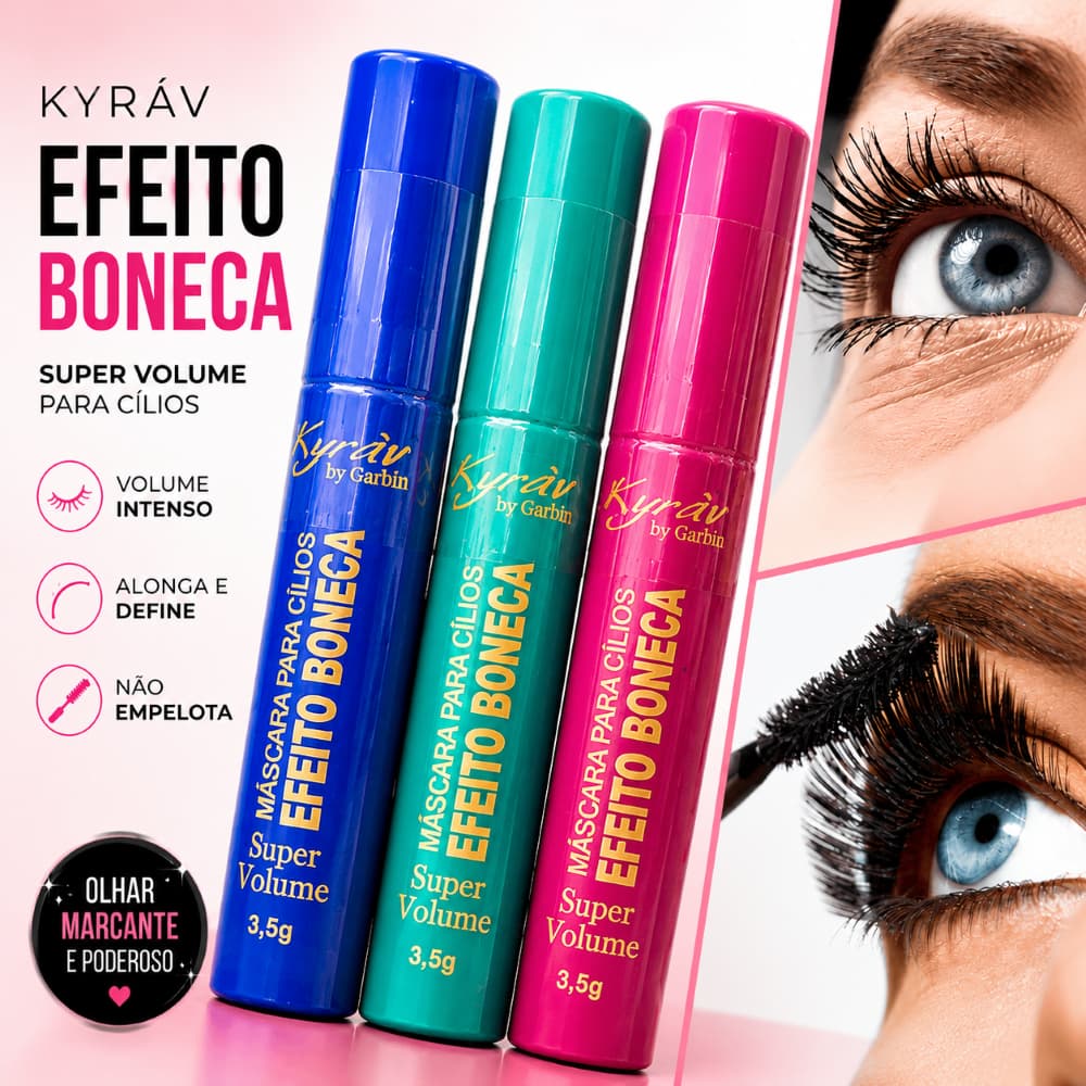 Máscara para Cílios Efeito Boneca Kyráv 3,5g Super Volume Alonga e Define Original