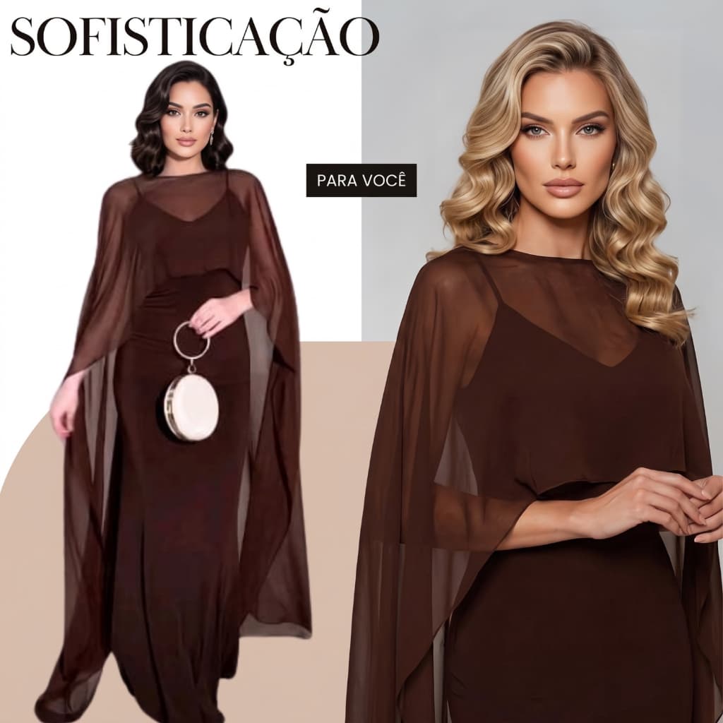 Vestido Sofisticado Suplex Modelador + Capa Fluida Tule Maya Premium – Conforto e Elegância Única