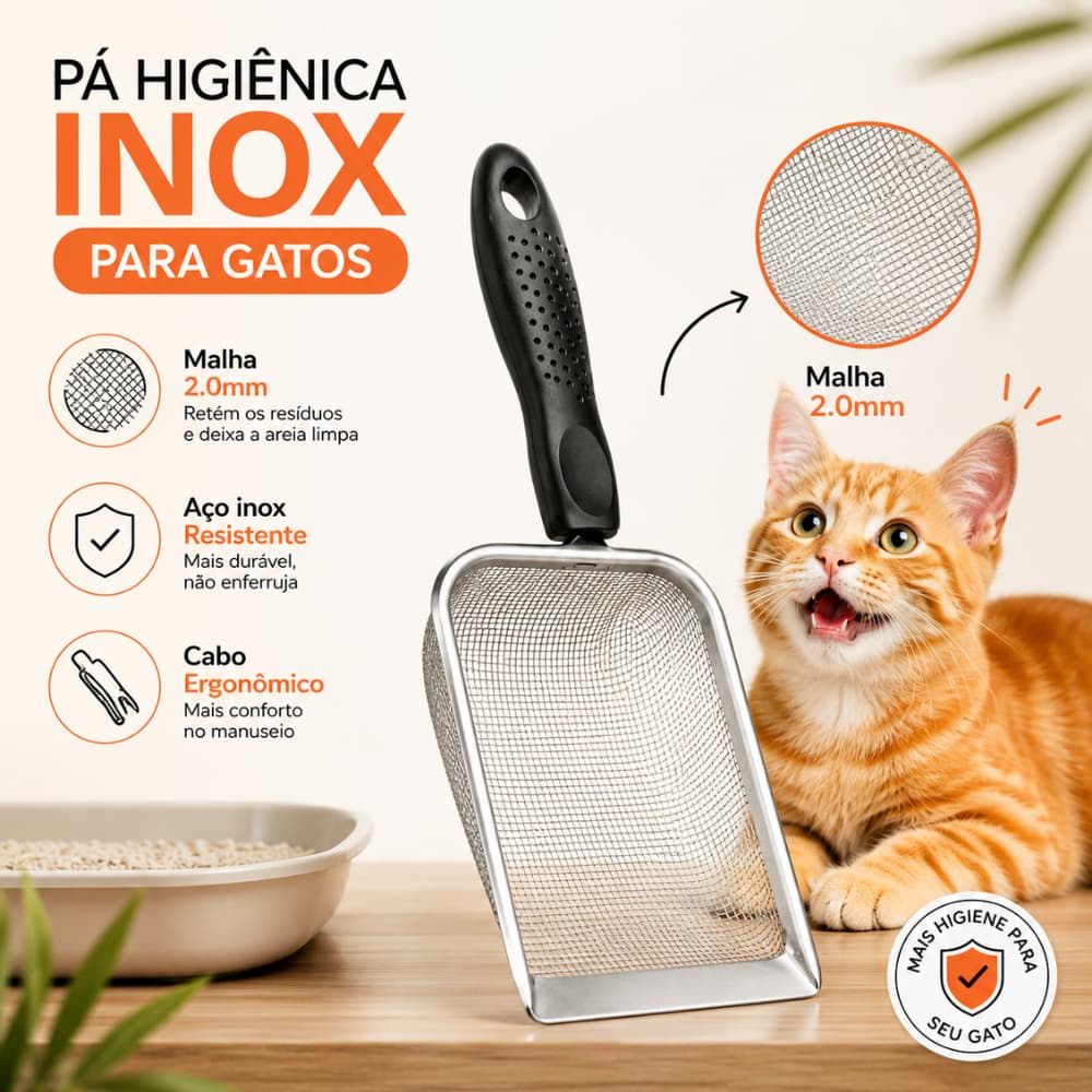 Pá Higiênica Inox para Gatos 2.0 mm | Pá Coletora de Areia em Aço Inox Reforçada | Caixa de Areia | Resistente |