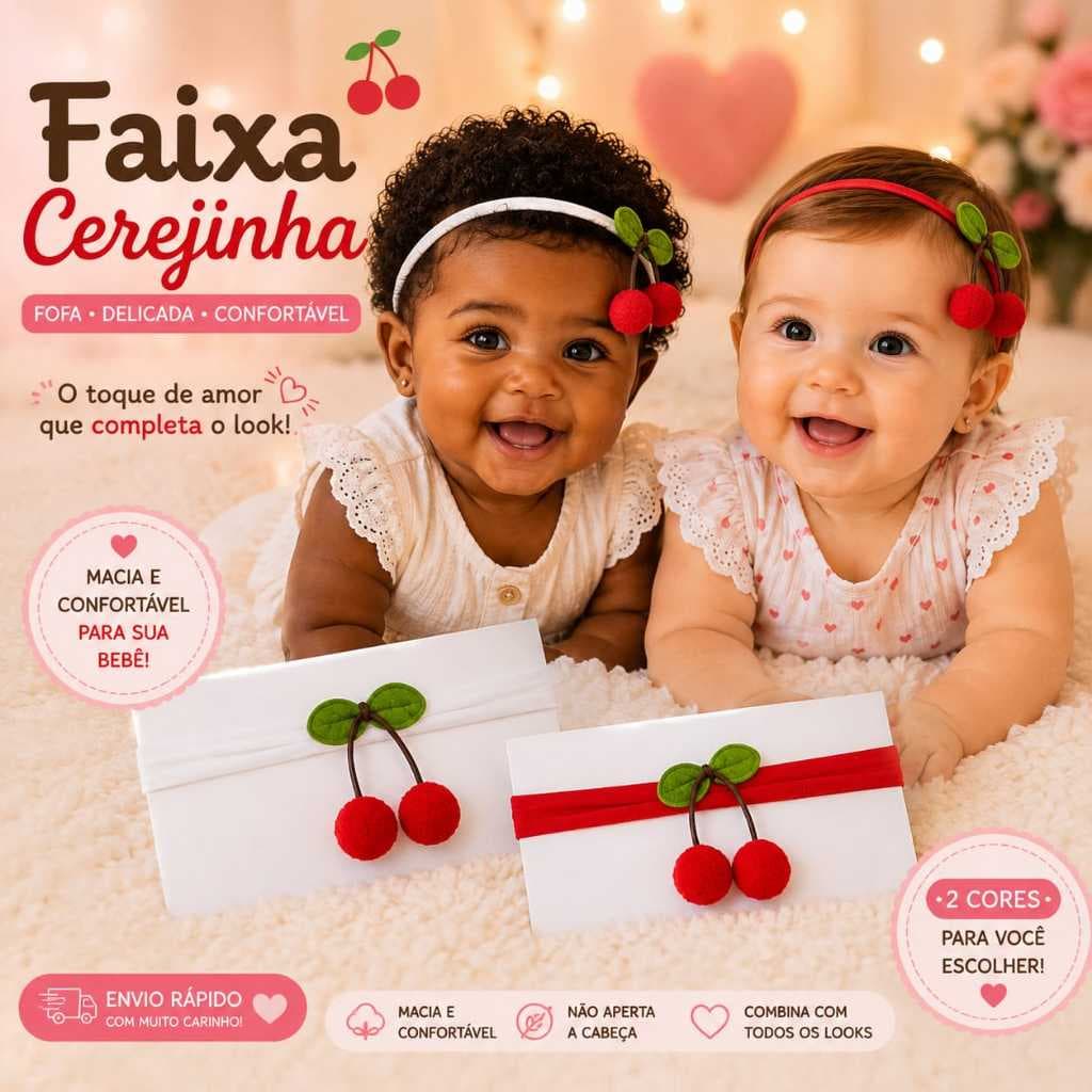 Faixa de Cabelo Bebê Cerejinha 0 a 24 Meses/ Faixa Infantil com Pompom de Cereja/ Vermelha, Branca e kit 2 Cores