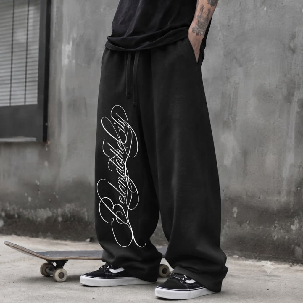 Calça Wide Leg de Moletom Premium Masculina Belong to The City Moda Gringa Streetwear Estilosa Largona e Peluciada