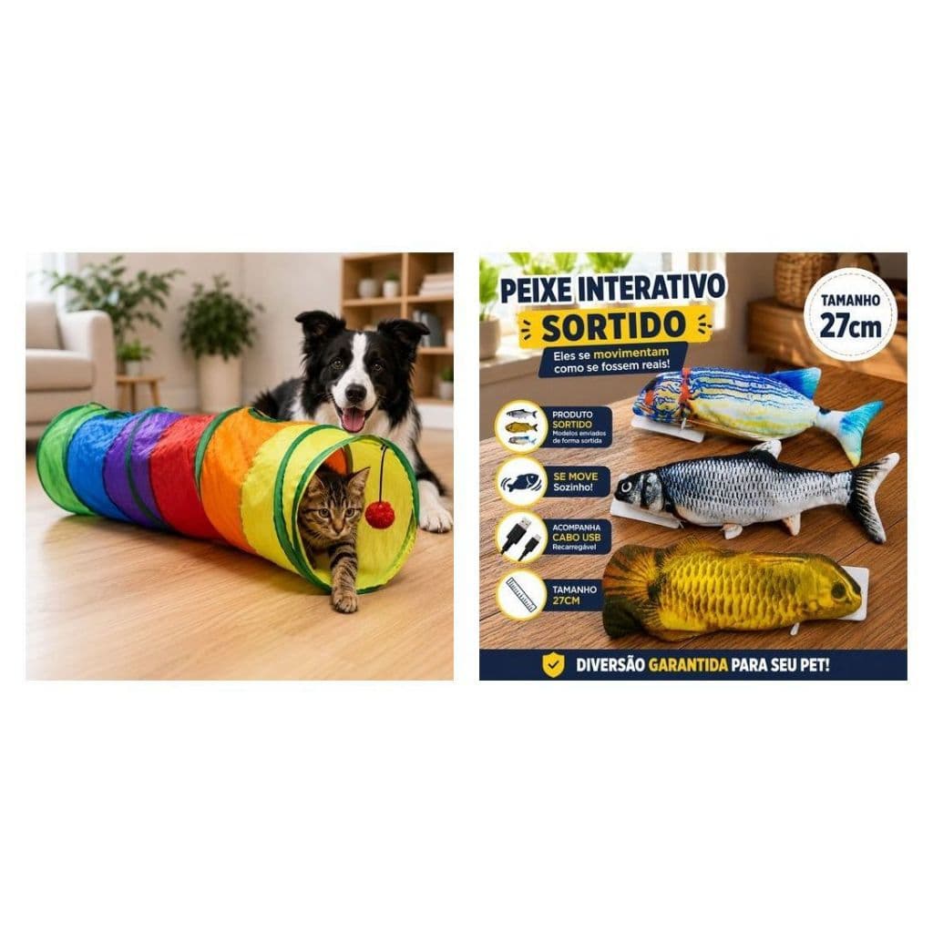 Kit Brinquedos Para Cachorros E Gatos Tunel 115cm Peixe Pelucia Movimento