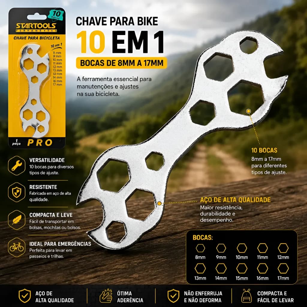 Chave Para Bike Bicicleta 10 Em 1 Bocas 8mm A 17mm Aço Resistente Multiuso Ferramenta Emergência Startools