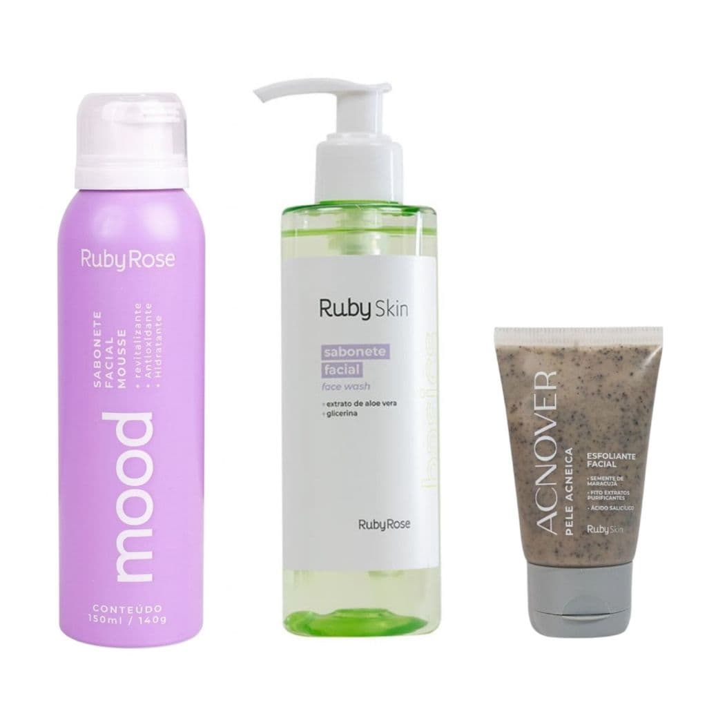 Kit 3 Itens Sabonete Skin 190ml Sabonete Mousse 150ml Esfoliante Acnover 50g Limpeza Facial Skincare Ruby Rose